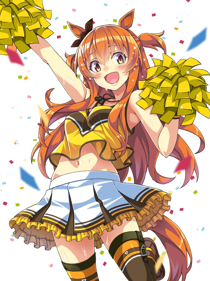 1girl alternate_costume animal_ears arm_up bangs brown_eyes brown_legwear cheering cheerleader confetti crop_top crop_top_overhang dog_tags ear_bow eyebrows_visible_through_hair holding holding_pom_poms horse_ears horse_girl horse_tail long_hair looking_at_viewer macaroni_hourensou mayano_top_gun_(umamusume) midriff miniskirt navel open_mouth orange_hair pleated_skirt pom_pom_(cheerleading) shirt skirt sleeveless sleeveless_shirt smile solo sweat tail thigh-highs twintails two_side_up umamusume white_background white_skirt yellow_shirt