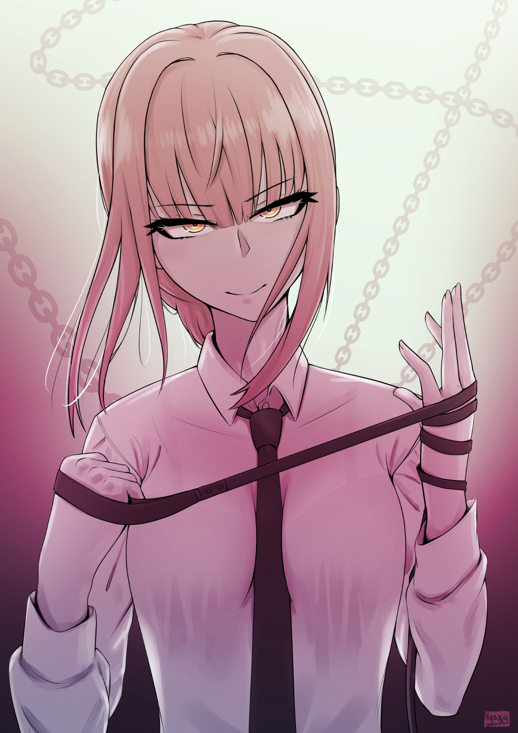 1girl bangs between_breasts black_neckwear blonde_hair blunt_bangs breasts chain chainsaw_man cowboy_shot eyebrows_visible_through_hair grin highres looking_at_viewer makima_(chainsaw_man) medium_hair necktie necktie_between_breasts nyaxxy shirt smile solo white_shirt yellow_eyes