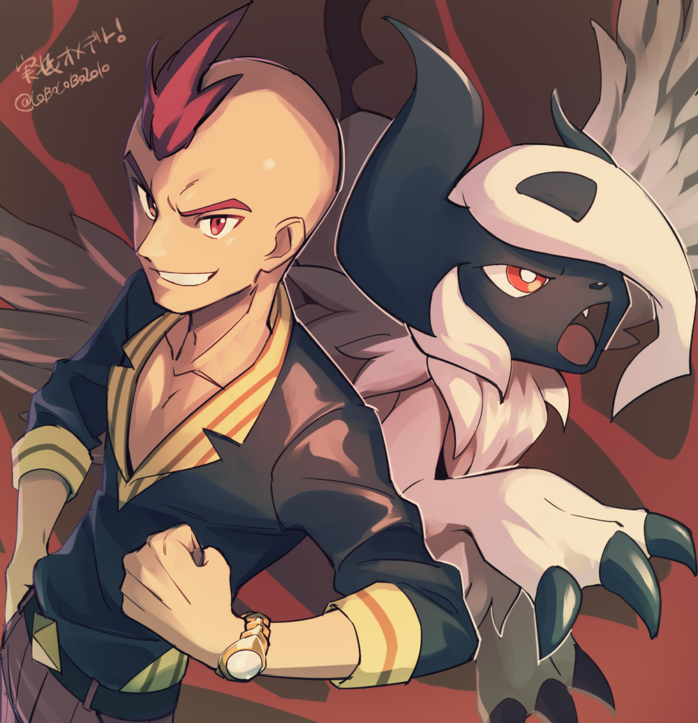 1boy absol black_shirt claws collarbone commentary_request elite_four gen_3_pokemon grin hand_on_hip hand_up male_focus momoji_(lobolobo2010) pokemon pokemon_(creature) pokemon_(game) pokemon_oras red_eyes redhead shirt short_hair sidney_(pokemon) sleeves_rolled_up smile teeth twitter_username watch watch