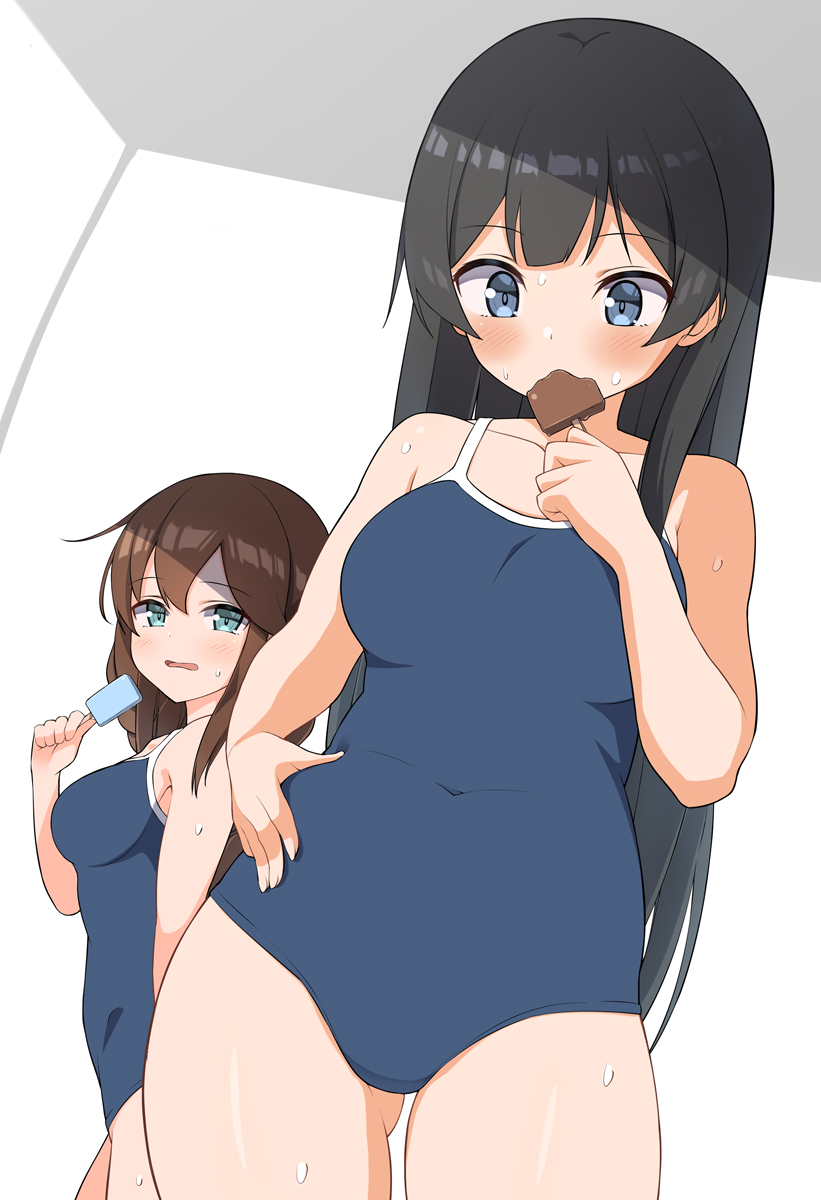 2girls agano_(kancolle) aqua_eyes bare_arms bare_legs bare_shoulders black_hair black_swimsuit blue_eyes blush braid breasts brown_hair chaostein collarbone cowboy_shot eyebrows_visible_through_hair food hair_between_eyes highres holding holding_food kantai_collection large_breasts long_hair multiple_girls noshiro_(kancolle) one-piece_swimsuit open_mouth popsicle swimsuit twin_braids