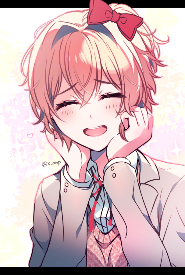 :d aicedrop bow closed_eyes doki_doki_literature_club eyebrows_visible_through_hair hair_bow hands_on_own_cheeks hands_on_own_face heart jacket open_mouth pink_hair red_bow ribbon sayori_(doki_doki_literature_club) school_uniform short_hair simple_background smile
