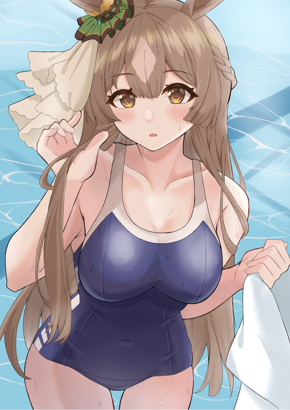 1girl animal_ears blue_swimsuit blush breasts brown_eyes brown_hair collarbone commentary_request covered_navel ear_ribbon eyebrows_visible_through_hair green_ribbon highres holding holding_towel horse_ears horse_girl large_breasts long_hair looking_at_viewer ribbon satono_diamond solo swimsuit tepechi towel umamusume water wet
