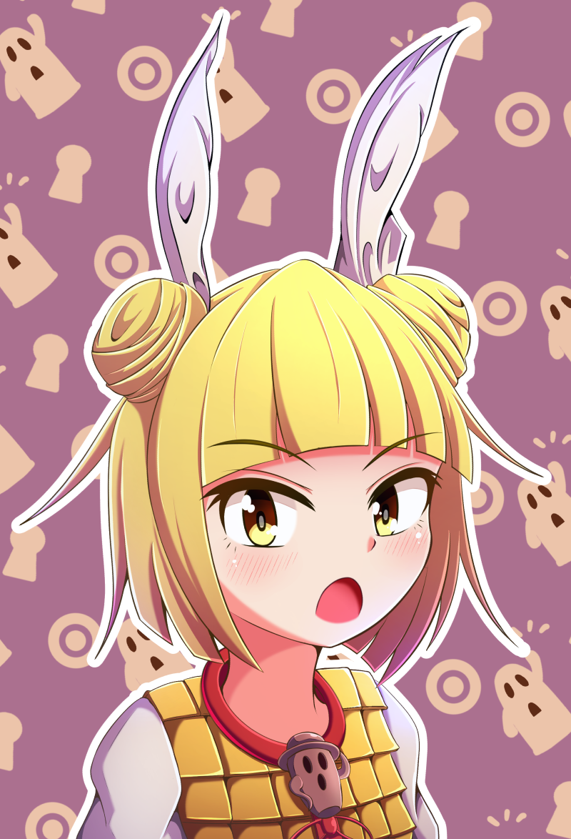 1girl aospanking bangs blonde_hair blush bow brown_eyes double_bun dress dress_bow eyebrows_visible_through_hair hair_ribbon haniwa_(statue) joutouguu_mayumi looking_away multicolored multicolored_eyes open_mouth puffy_short_sleeves puffy_sleeves purple_background red_bow ribbon short_hair short_sleeves solo touhou upper_body white_ribbon white_sleeves yellow_dress yellow_eyes