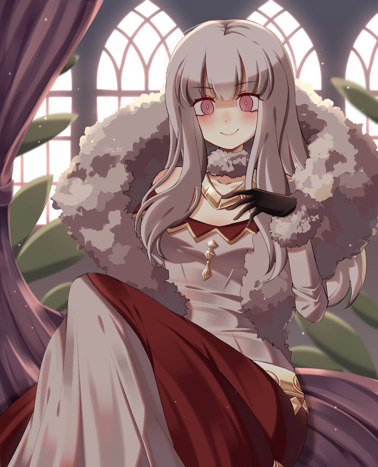 1girl bangs black_gloves closed_mouth dress eine_(eine_dx) eyebrows_visible_through_hair fire_emblem fire_emblem:_three_houses fur-trimmed_jacket fur_collar fur_trim gloves hand_on_own_chest highres jacket long_hair long_sleeves looking_at_viewer lysithea_von_ordelia pink_eyes sitting smile solo white_hair