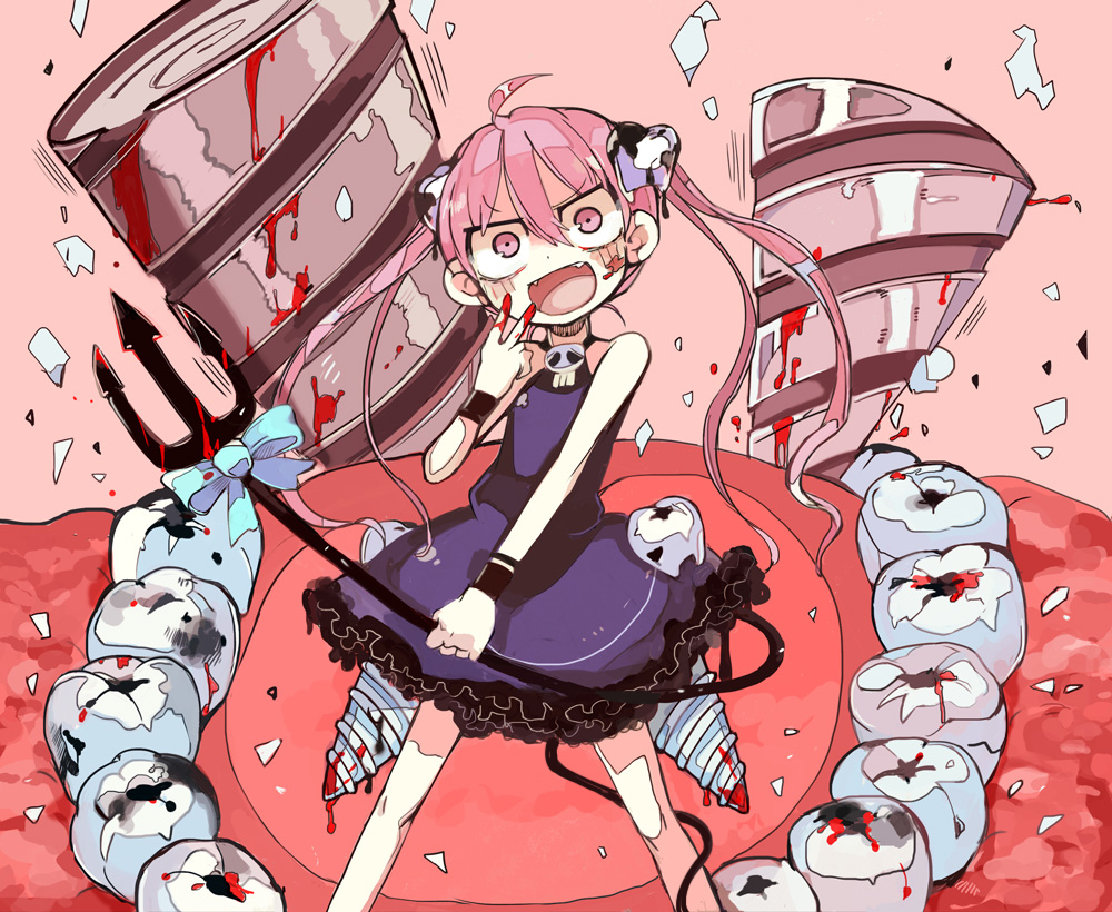 1girl :d ahoge black_dress black_wristband blood blood_on_fingers bloody_teeth bloody_weapon blue_bow blush_stickers bow cavity commentary_request crazy_eyes dress drill fangs feet_out_of_frame frilled_dress frills hair_between_eyes hand_up holding holding_weapon jaw legs_apart long_hair looking_at_viewer minigirl open_mouth original personification pink_background pink_eyes pink_hair polearm sleeveless sleeveless_dress smile solo standing teeth terada_tera tongue tooth_hair_ornament trident twintails v v-shaped_eyebrows weapon wristband