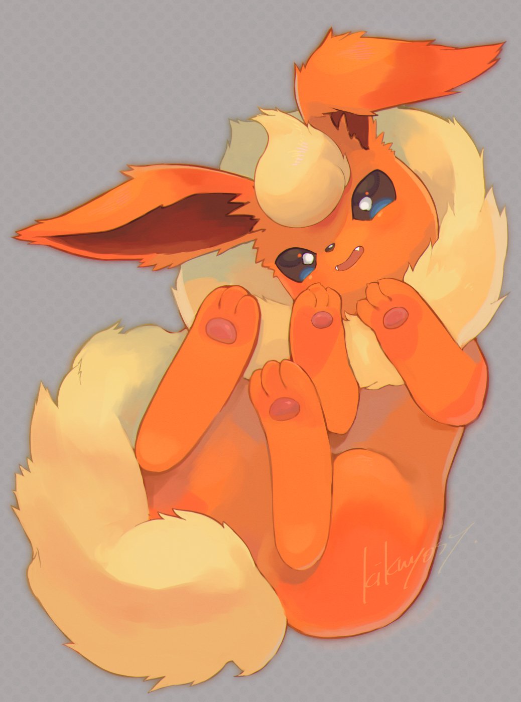 commentary_request fangs flareon full_body gen_1_pokemon grey_background highres kikuyoshi_(tracco) looking_at_viewer no_humans open_mouth paws pokemon pokemon_(creature) smile solo toes