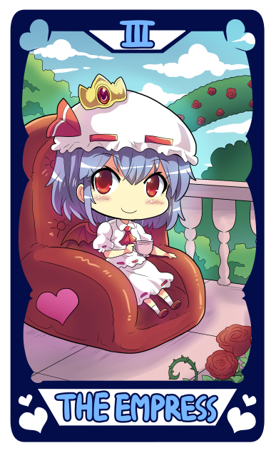 1girl ascot balcony bat_wings blue_sky chair chibi clouds colonel_aki commentary crown cup easy_chair flower hat heart holding holding_cup looking_at_viewer mini_crown mob_cap puffy_short_sleeves puffy_sleeves purple_hair red_eyes remilia_scarlet rose short_hair short_sleeves sitting skirt sky solo tarot tarot_arcana teacup thorn touhou trellis wings