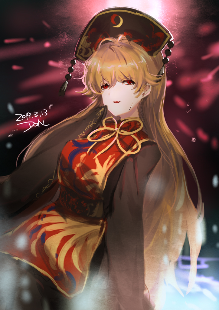 1girl 2019 artist_name bangs belt black_background black_belt black_dress black_headwear blonde_hair blue_background bow bowtie breasts chinese_clothes crescent crying dqn_(dqnww) dress eyebrows_visible_through_hair hair_between_eyes hand_up hat holding junko_(touhou) light long_hair long_sleeves looking_away making-of_available medium_breasts open_mouth pom_pom_(clothes) red_background red_eyes red_vest shadow solo tears touhou vest yellow_bow yellow_neckwear