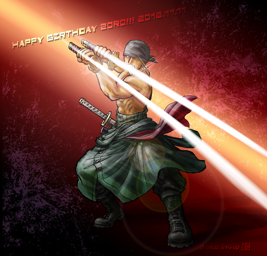 1boy bandana dark-skinned_male dark_skin dual_wielding earrings fighting_stance green_hair happy_birthday holding holding_sword holding_weapon japanese_clothes jewelry kimono kokorozashi looking_at_viewer male_focus muscular muscular_male navel one_piece open_clothes open_kimono roronoa_zoro scar scar_across_eye scar_on_chest sheath sheathed shirtless short_hair single_earring solo sword weapon