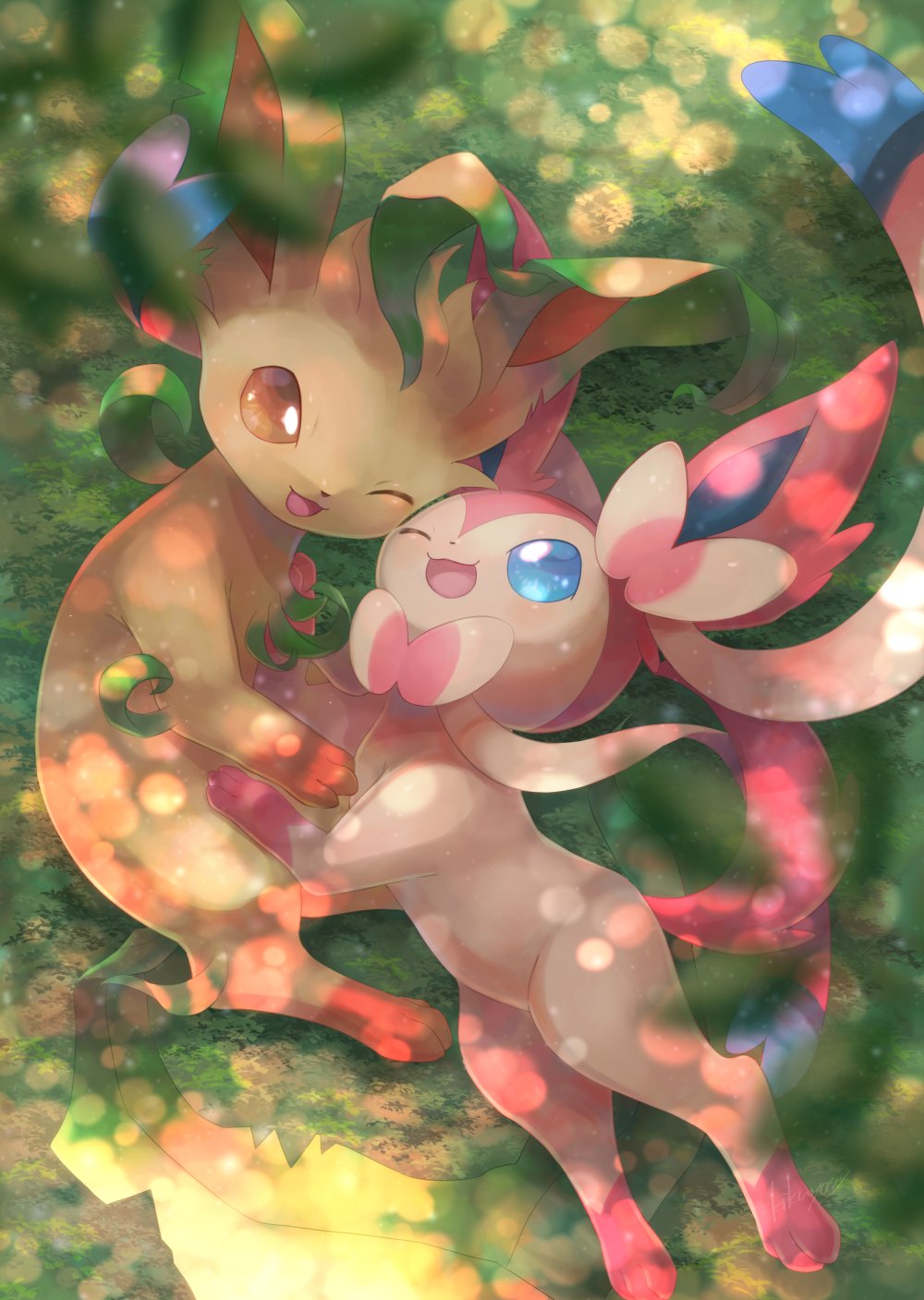 ;d blue_eyes blurry brown_eyes commentary_request from_above gen_4_pokemon gen_6_pokemon grass highres kikuyoshi_(tracco) leaf leafeon no_humans one_eye_closed open_mouth paws pokemon pokemon_(creature) smile sylveon toes tongue