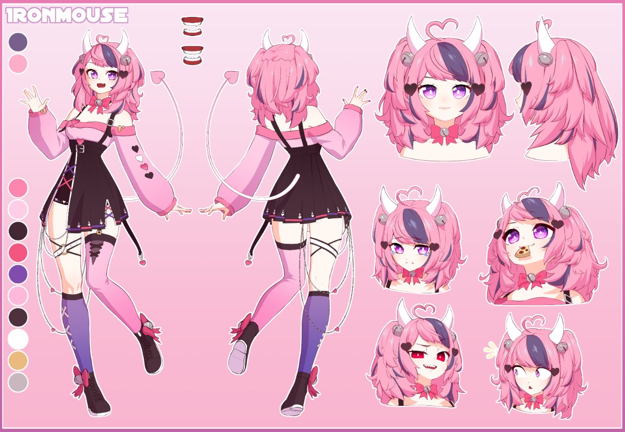 1girl ahoge ankle_bell ankle_ribbon bare_shoulders bell boots bow bowtie breasts choker color_guide crying crying_with_eyes_open demon_girl demon_horns demon_tail english_commentary eyebrows_visible_through_hair fang full_body hair_bell hair_ornament heart horns ironmouse kneehighs long_sleeves looking_at_viewer medium_breasts multicolored_hair multiple_views neck_bell open_mouth pink_background pink_hair purple_hair red_eyes ribbon simple_background single_kneehigh single_thighhigh standing tail tears teeth theartgun thigh-highs thigh_strap two-tone_hair violet_eyes vshojo waving