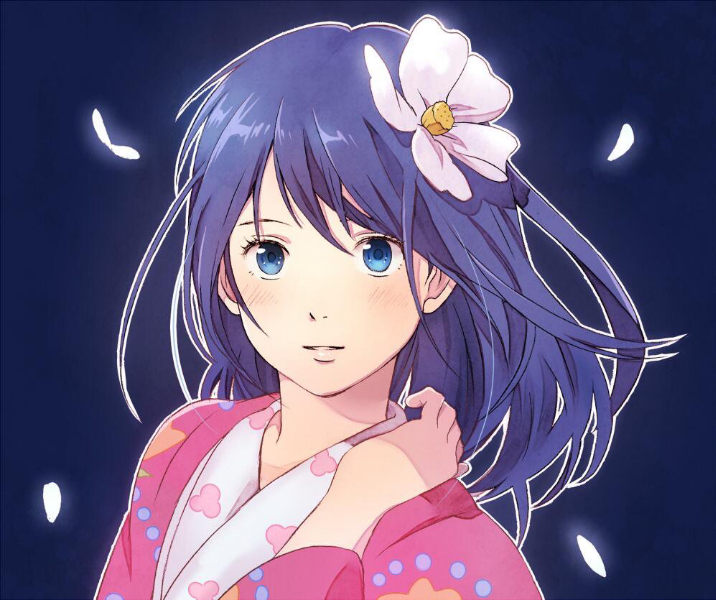 1girl blue_background blue_eyes close-up dark_background dark_blue_hair facing_viewer floating_hair floral_print flower glowing glowing_petals hair_flower hair_ornament hand_up honoboooono japanese_clothes kaze_tachinu kimono light_blush light_smile looking_afar medium_hair outline parted_lips petals pink_kimono polka_dot polka_dot_kimono satomi_naoko shiny shiny_hair simple_background solo upper_body white_flower white_outline