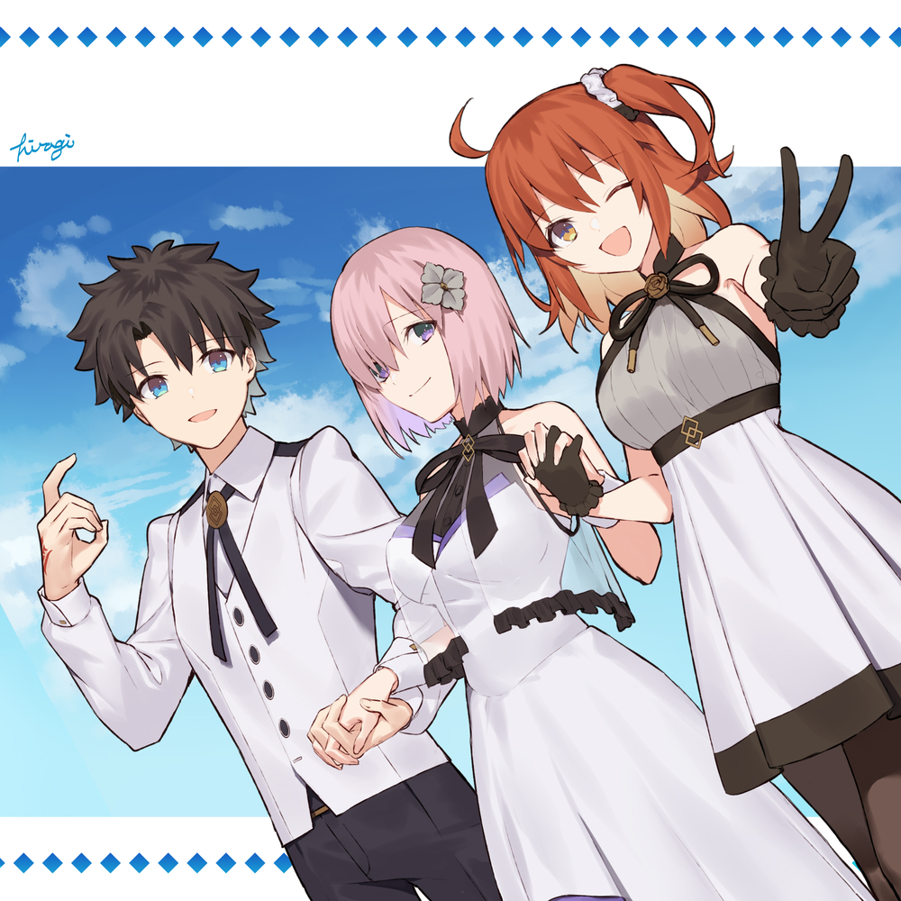 1boy 2girls ahoge alternate_costume anniversary bangs bare_shoulders black_gloves black_hair black_neckwear black_pants blue_eyes blue_sky breasts brown_legwear brown_rose buttons chaldea_logo closed_mouth clouds collared_shirt command_spell commentary_request dress eyebrows_visible_through_hair fate/grand_order fate_(series) flower formal fujimaru_ritsuka_(female) fujimaru_ritsuka_(male) gloves hair_between_eyes hair_flower hair_ornament hair_over_one_eye hair_scrunchie holding_hands kibou light_purple_hair long_sleeves looking_at_viewer mash_kyrielight medium_breasts multiple_girls official_alternate_costume one_eye_closed open_mouth orange_hair pants pantyhose ponytail rose scrunchie see-through shirt short_hair side_ponytail signature sky sleeveless sleeveless_dress smile suit under_the_same_sky v vest violet_eyes white_dress white_flower white_shirt white_vest wrist_cuffs yellow_eyes