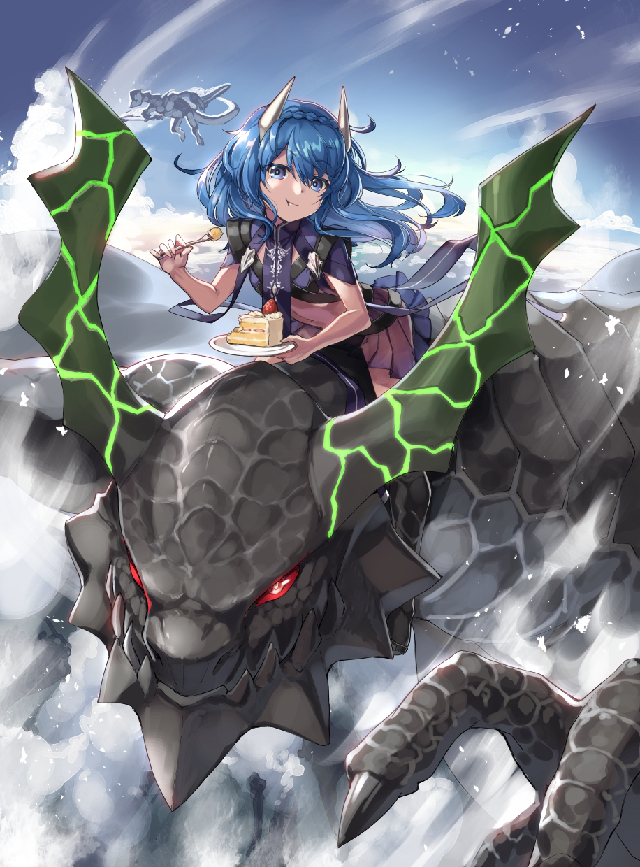 1girl blue_eyes blue_hair braid cake character_request chewing clouds dai-xt day dragon eating flat_chest flying food fork highres horns kuro_no_shoukanshi long_hair looking_at_viewer outdoors plate pleated_skirt riding skirt sky solo white_horns