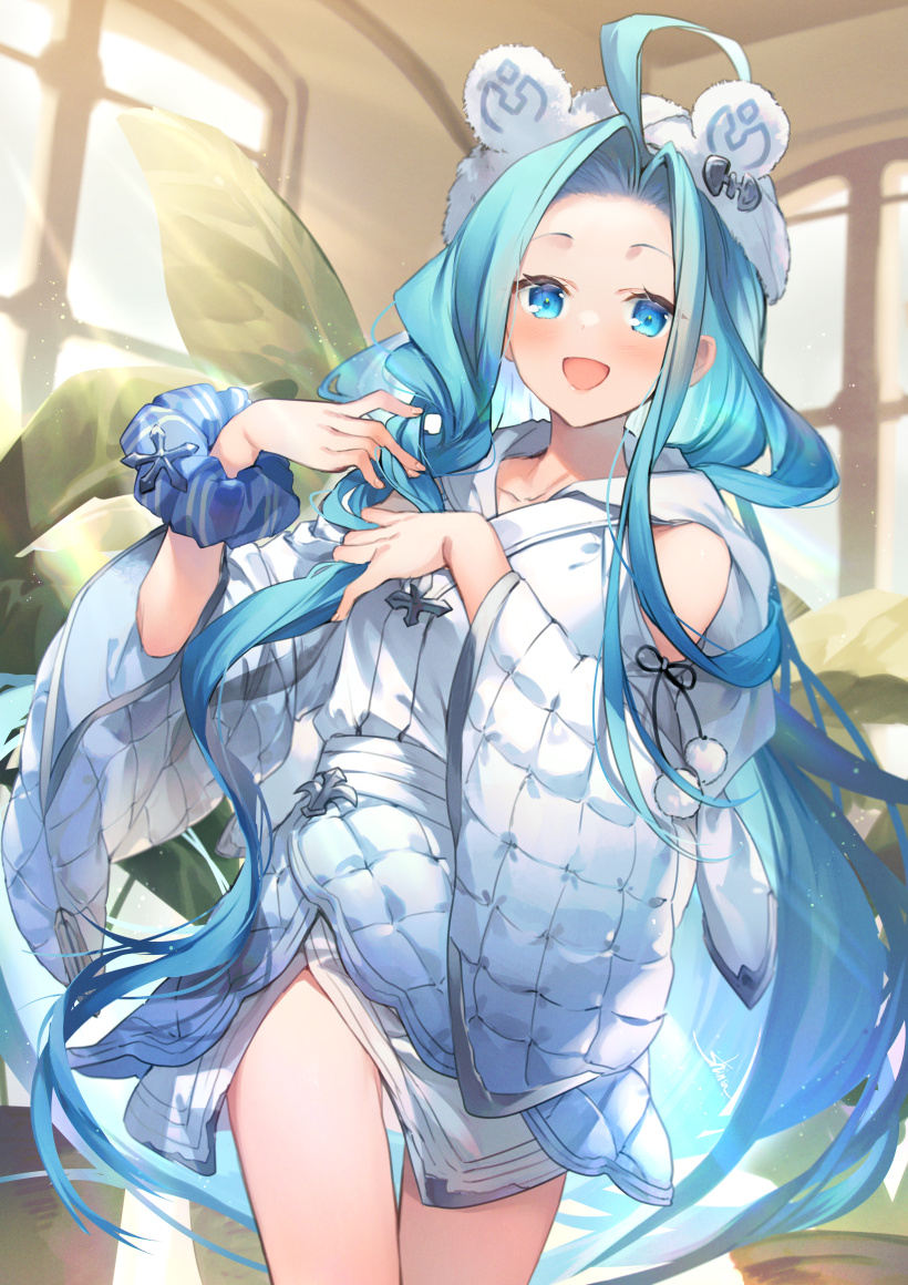 1girl :d ahoge animal_ears animal_hat bangs blue_eyes blue_hair blue_scrunchie commentary_request fake_animal_ears forehead granblue_fantasy hat indoors japanese_clothes kimono long_hair long_sleeves looking_at_viewer lyria_(granblue_fantasy) open_mouth parted_bangs plant potted_plant scrunchie shinia smile solo standing sunlight very_long_hair white_headwear white_kimono wide_sleeves window wrist_scrunchie