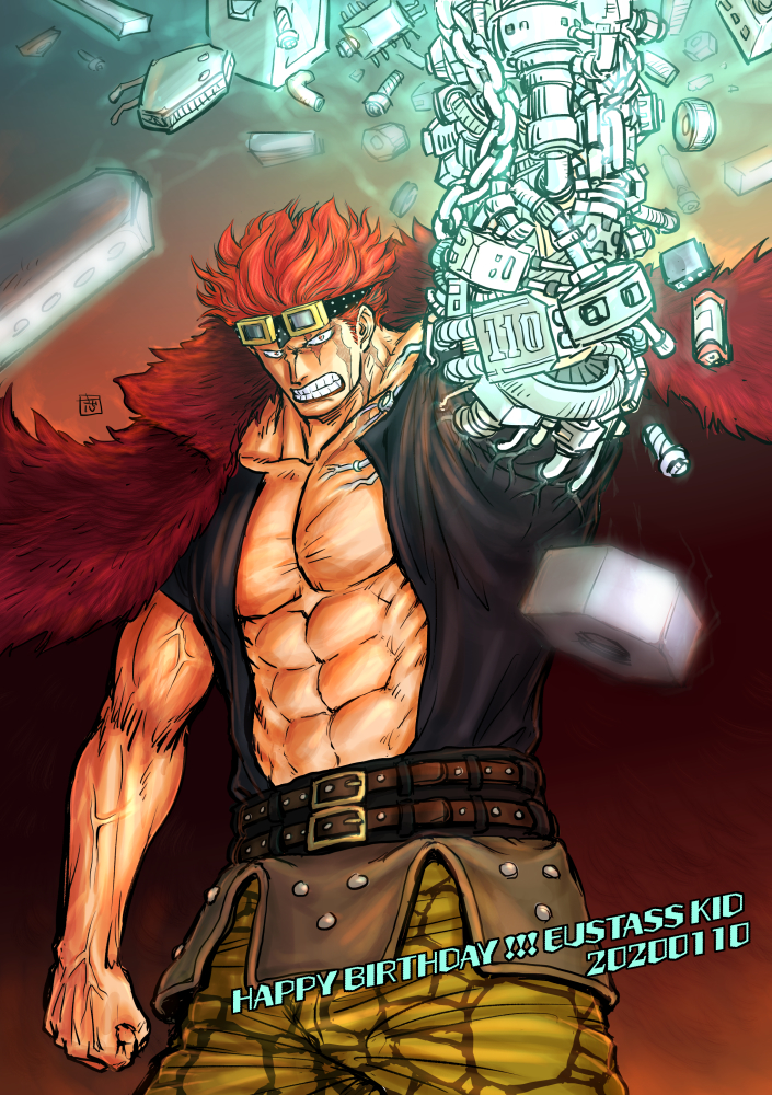 1boy abs amputee bare_pectorals bulge eustass_captain_kid feet_out_of_frame fighting_stance frown goggles happy_birthday kokorozashi male_focus muscular muscular_male navel nipples one_piece pectorals redhead scar scar_across_eye short_hair sideburns solo stomach