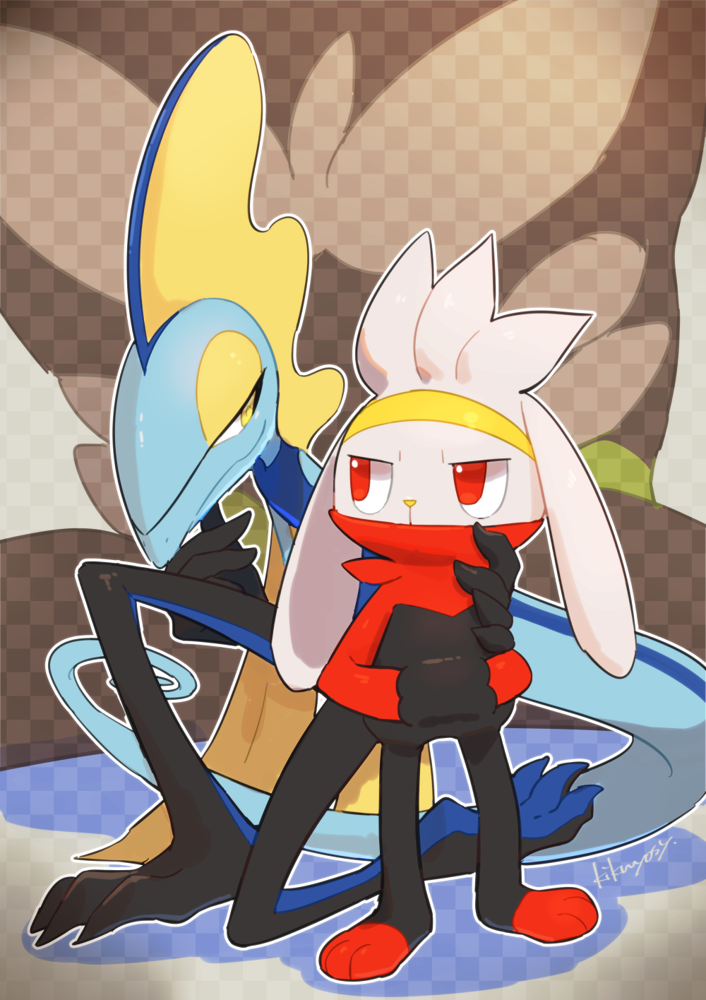 checkered checkered_background closed_mouth commentary_request eye_contact gen_8_pokemon hands_in_pockets highres inteleon kikuyoshi_(tracco) kneeling looking_at_another looking_back outline pokemon pokemon_(creature) raboot red_eyes signature smile standing yellow_eyes