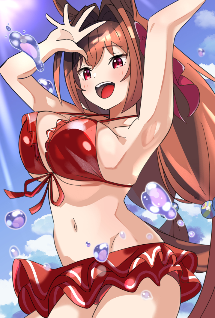 1girl :d alternate_costume alternate_hairstyle animal_ears armpits bikini bikini_skirt blue_sky blush bouncing_breasts bow breasts brown_hair clouds collarbone daiwa_scarlet_(umamusume) day frilled_bikini frills hair_bobbles hair_bow hair_ornament horse_ears horse_girl horse_tail long_hair low_tied_hair midriff mitche navel open_mouth outdoors red_bikini red_bow red_eyes sky smile solo splashing swimsuit tail umamusume very_long_hair water