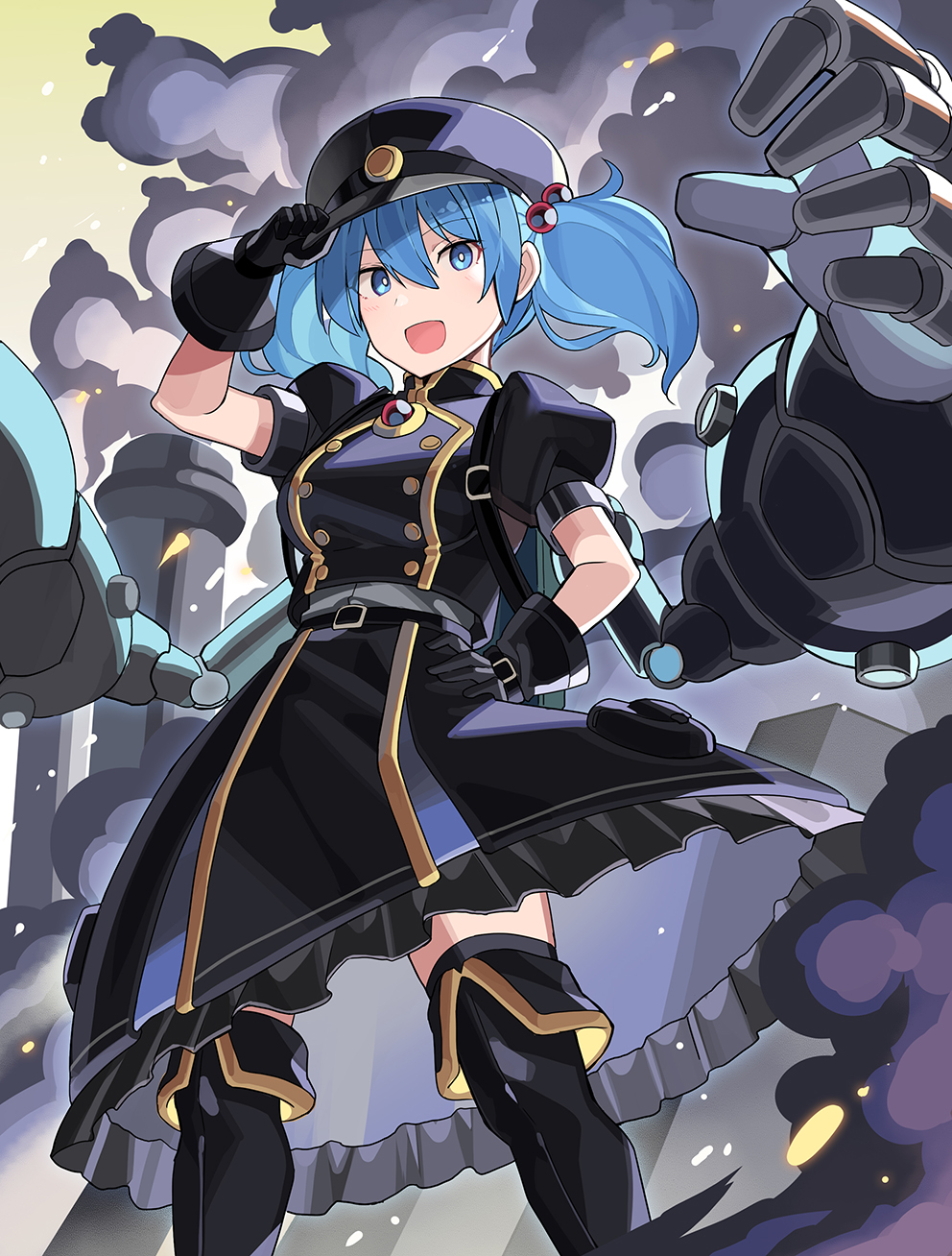 1girl alternate_costume arm_up bangs belt black_belt black_dress black_footwear black_gloves black_headwear black_sleeves blue_eyes blue_hair boots breasts buttons dress duplicate eyebrows_visible_through_hair eyes_visible_through_hair falken_(yutozin) gem gloves hair_between_eyes hand_on_headwear hand_on_hip hand_up hat highres jewelry kawashiro_nitori looking_at_viewer medium_breasts medium_hair open_mouth pixel-perfect_duplicate puffy_short_sleeves puffy_sleeves short_sleeves sky smile smoke solo standing touhou twintails yellow_sky