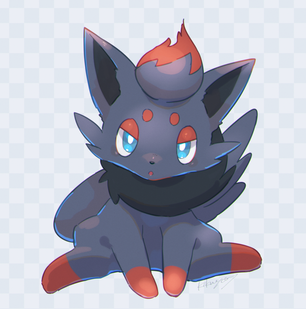 :o blue_eyes bright_pupils commentary_request creature full_body gen_5_pokemon grey_background kikuyoshi_(tracco) looking_at_viewer no_humans pokemon pokemon_(creature) signature sitting solo white_pupils zorua