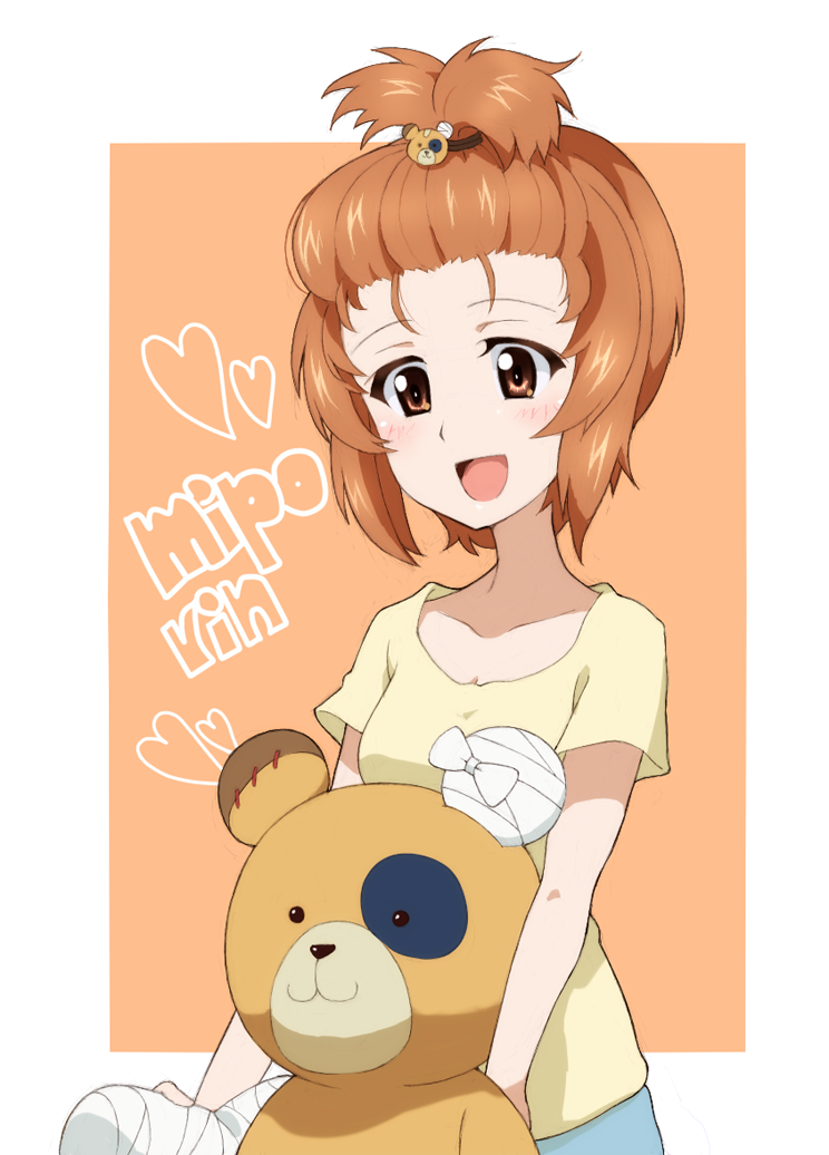 1girl bandages bear_hair_ornament boko_(girls_und_panzer) border brown_eyes brown_hair casual character_name girls_und_panzer hair_ornament hair_tie hair_up heart holding holding_stuffed_toy kayabakoro looking_at_viewer nishizumi_miho open_mouth orange_background outside_border shirt short_hair short_sleeves smile solo standing stuffed_animal stuffed_toy t-shirt teddy_bear tied_hair white_border yellow_shirt