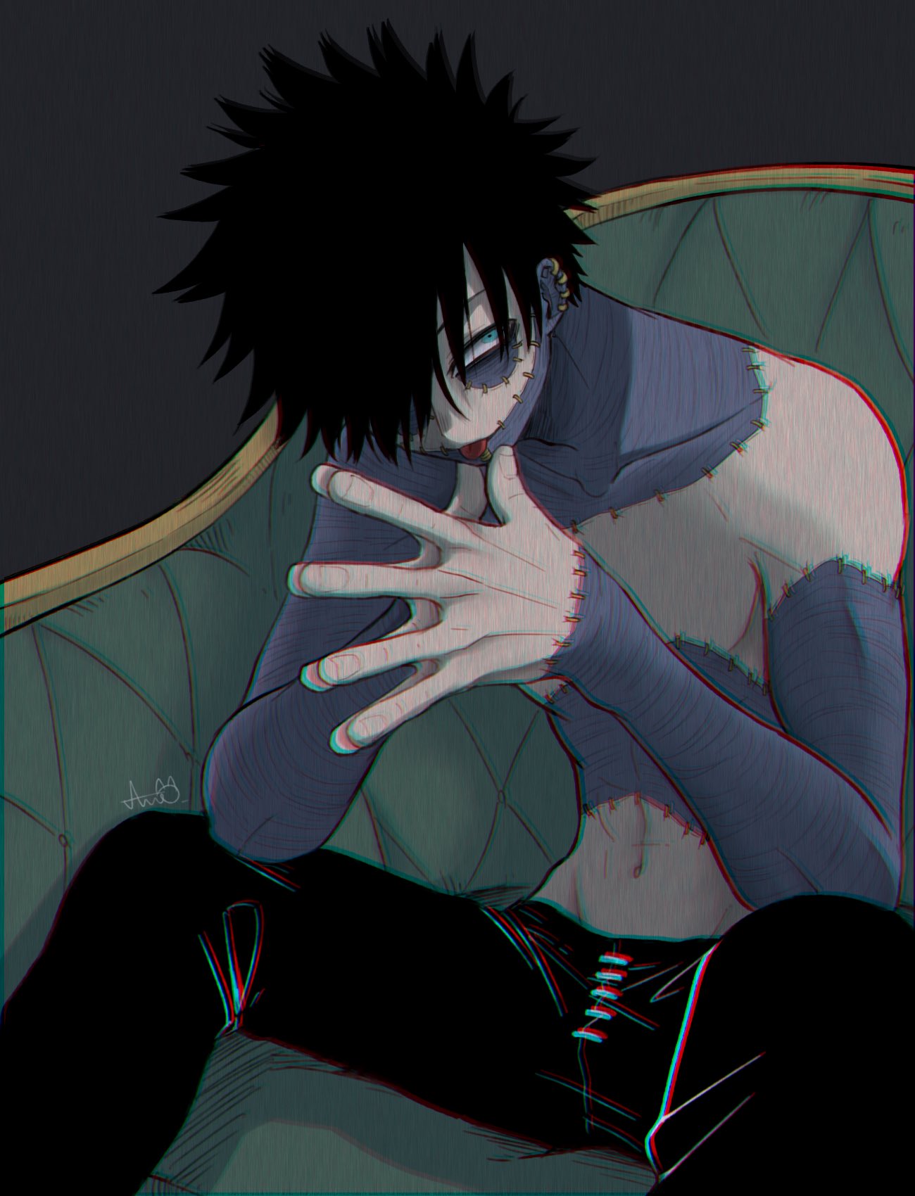 1boy bangs black_background black_hair black_pants boku_no_hero_academia burn_scar collarbone commentary_request dabi_(boku_no_hero_academia) ear_piercing hands_up highres leaning_forward legs_apart male_focus navel own_hands_together pants piercing scar scar_on_face shirtless short_hair signature sitting solo stomach tongue tongue_out yu_shi_(ametoki_ichi)