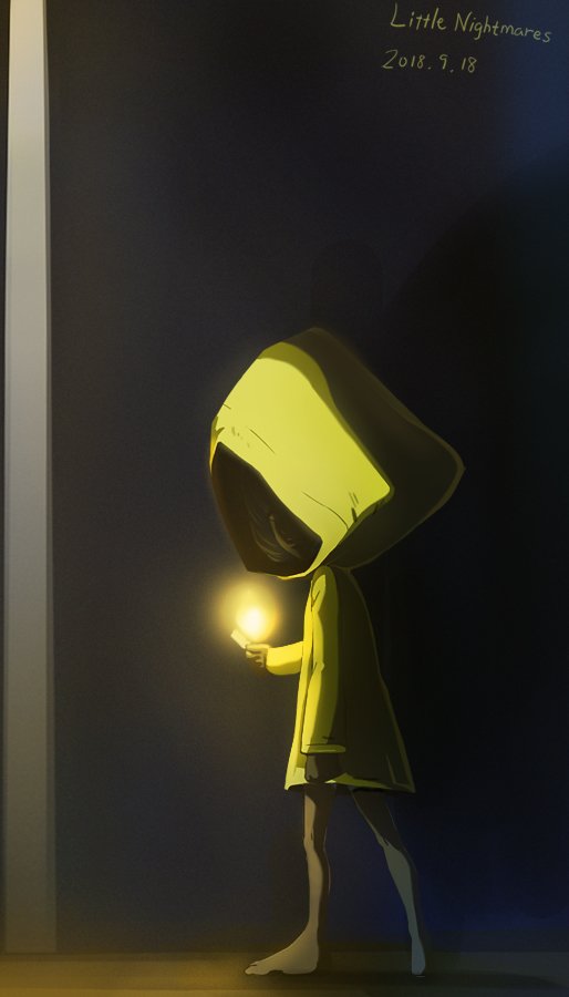 1girl barefoot bottomless closed_mouth copyright_name dated feet haruyama_kazunori hood hood_up lighter little_nightmares looking_at_viewer raincoat shaded_face short_hair six_(little_nightmares) solo