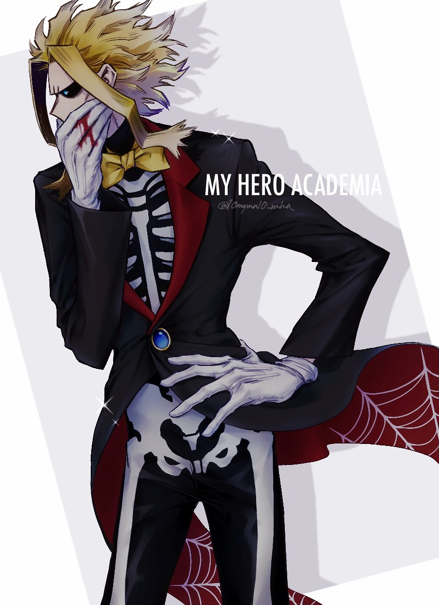 1boy bangs black_jacket black_pants blonde_hair blood blood_from_mouth blood_on_face bloody_clothes blue_eyes boku_no_hero_academia bow bowtie copyright_name cowboy_shot gem gloves grey_background halloween_costume hand_up highres jacket large_hands male_focus orange_bow pants red_jacket skeleton_print solo sword tomoya_(10mymn10_mha) twitter_username two-sided_fabric weapon white_background white_gloves yagi_toshinori