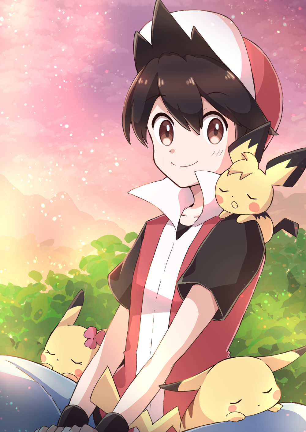 1boy bangs baseball_cap blush brown_eyes brown_hair closed_mouth commentary_request gen_1_pokemon gen_2_pokemon hair_between_eyes haru_(haruxxe) hat highres jacket looking_at_viewer male_focus on_shoulder pichu pikachu pokemon pokemon_(creature) pokemon_adventures pokemon_on_shoulder popped_collar red_(pokemon) red_headwear shirt short_hair short_sleeves sitting sleeping smile t-shirt wristband