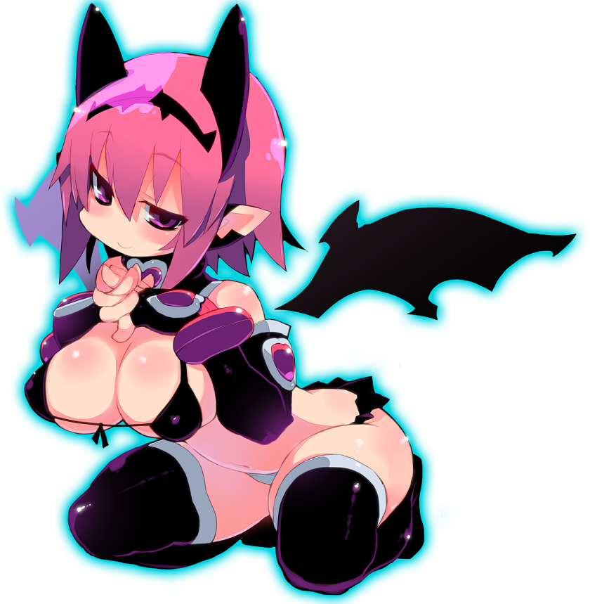 1girl animal_ears bikini black_bikini blue_outline blush breast_suppress breasts closed_mouth deathlock-san extra_ears eyebrows_visible_through_hair hair_between_eyes hands_up kneeling large_breasts looking_at_viewer medium_hair mismatched_bikini navel original outline pink_hair pointy_ears purple_legwear simple_background smile solo spread_wings swimsuit thigh-highs violet_eyes white_background white_bikini wings zankuro