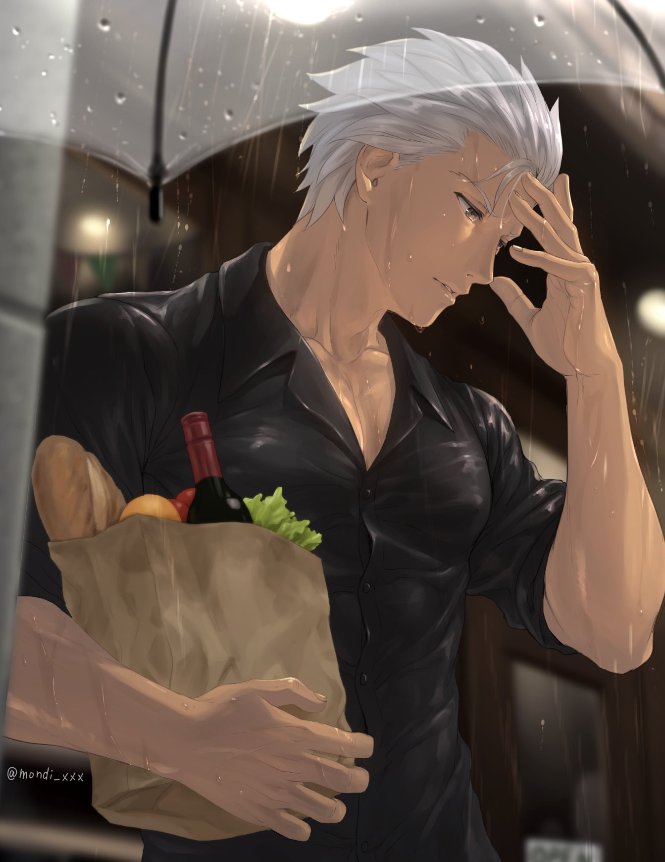 1boy archer_(fate) baguette bangs black_shirt bottle bread brown_eyes dark-skinned_male dark_skin dress_shirt fate/stay_night fate_(series) food from_below from_side grey_hair hand_up highres holding holding_food light male_focus mondi_hl night outdoors parted_lips rain shirt short_hair symbol-only_commentary transparent transparent_umbrella twitter_username umbrella upper_body wet wet_clothes wet_shirt wine_bottle