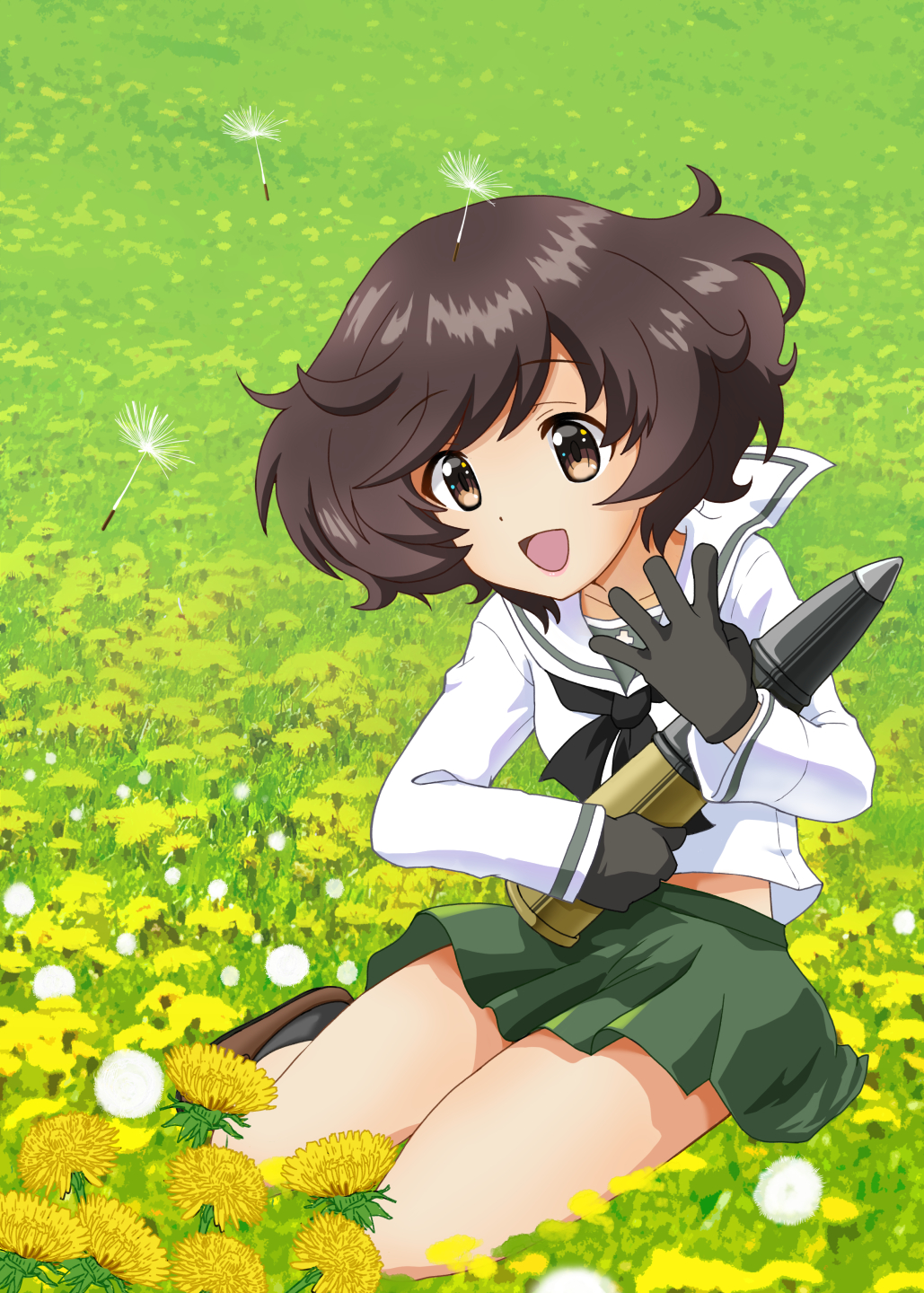 1girl :d akiyama_yukari bangs black_gloves black_legwear black_neckwear blouse blue_sky brown_eyes brown_footwear brown_hair commentary dandelion day eyebrows_visible_through_hair field flower girls_und_panzer gloves green_skirt highres holding illustrator_thunderbird long_sleeves looking_at_viewer messy_hair midriff_peek miniskirt neckerchief ooarai_school_uniform open_mouth outdoors pleated_skirt sailor_collar school_uniform serafuku shoes short_hair sitting skirt sky smile socks solo tank_shell white_blouse white_sailor_collar wind yokozuwari