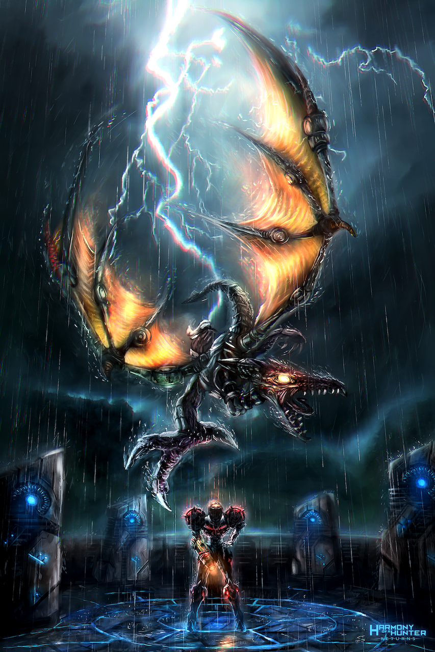 arm_cannon attack claws clouds cloudy_sky flying glowing glowing_eyes hand_on_hip highres lightning looking_up mechanical_tail mechanical_wings meta_ridley metroid metroid_prime nate_horsfall phazon_suit power_armor rain ridley samus_aran sharp_teeth sky tail teeth weapon wings