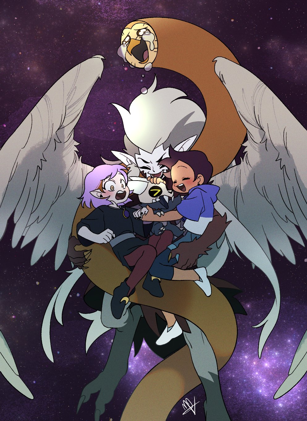 3girls amity_blight brown_hair crying dark-skinned_female dark_skin edalyn_clawthorne feathered_wings grey_hair group_hug happy harpy highres holding_hands hooty_(the_owl_house) horns hug king_(the_owl_house) long_pointy_ears luz_noceda monster_girl multiple_girls open_mouth pink_hair pointy_ears short_hair smile spoilers su_ggushi talons tears the_owl_house wings