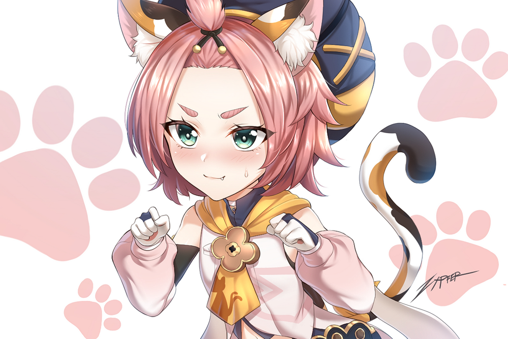 1girl animal_ears bangs_pinned_back blush c: cat_ears cat_girl cat_tail choker detached_sleeves diona_(genshin_impact) fang genshin_impact gloves green_eyes hair_ribbon hat looking_at_viewer navel paw_pose paw_print paw_print_background paw_print_palms pink_hair ribbon short_hair sidelocks signature simple_background smile solo sweat tail thick_eyebrows v-shaped_eyebrows white_background white_gloves zxpfer