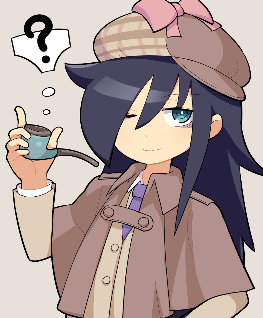 1girl ;) ? bags_under_eyes bangs black_hair blazer bow brown_capelet brown_headwear buttons capelet closed_mouth collared_shirt commentary deerstalker detective eyebrows_visible_through_hair green_eyes grey_background hand_up hat hat_bow holding holding_pipe hospital_king jacket kuroki_tomoko long_hair long_sleeves looking_at_viewer necktie official_alternate_costume one_eye_closed pink_bow pipe purple_neckwear school_uniform shirt simple_background smile solo spoken_question_mark thought_bubble upper_body watashi_ga_motenai_no_wa_dou_kangaetemo_omaera_ga_warui! white_shirt yellow_jacket