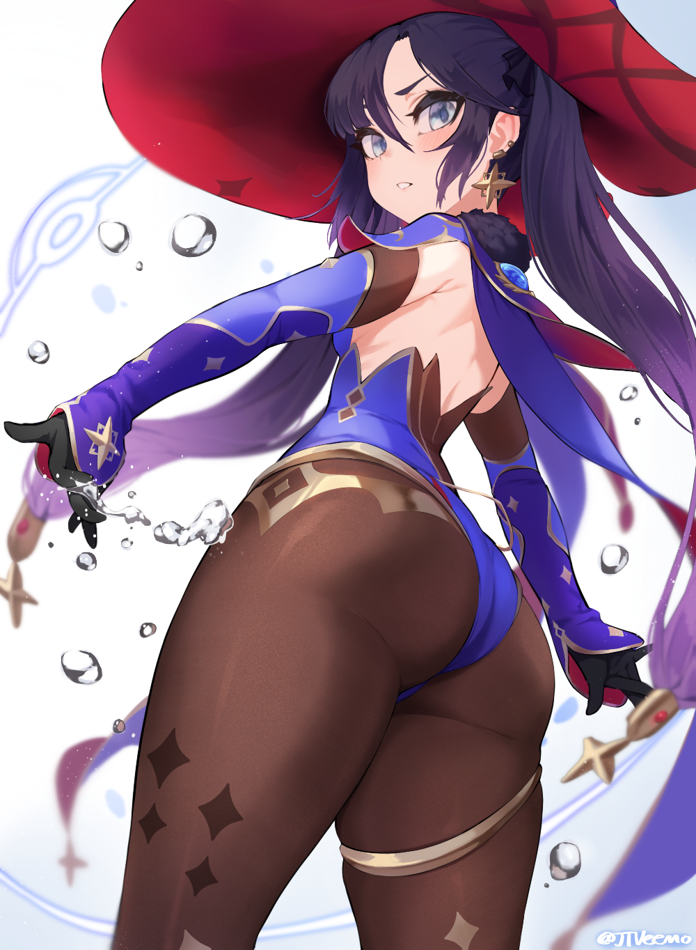 1girl ass black_gloves blue_eyes blue_hair brown_legwear from_behind genshin_impact gloves hair_between_eyes hat highres jtveemo long_hair looking_at_viewer mona_(genshin_impact) pantyhose solo standing twintails twitter_username witch_hat