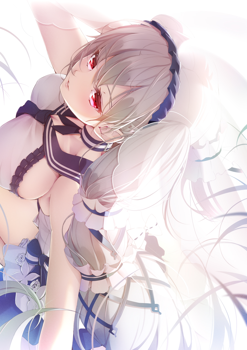 1girl absurdly_long_hair azur_lane black_choker black_neckwear black_sailor_collar bow_dress breasts choker dress feather_dress flower formidable_(azur_lane) formidable_(timeless_classics)_(azur_lane) from_above hair_between_eyes hair_ornament hand_in_hair highres imo_bouya long_hair looking_at_viewer looking_up official_alternate_costume platinum_blonde_hair red_eyes sailor_collar sideboob solo twintails two-tone_dress veil very_long_hair white_dress white_flower