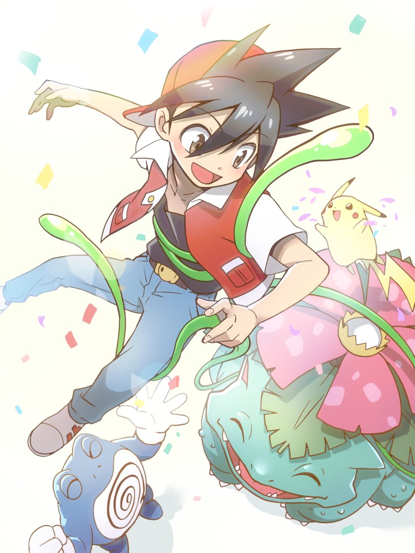 1boy :d backwards_hat bangs baseball_cap belt belt_buckle black_hair blush brown_eyes buckle commentary_request confetti gen_1_pokemon hat jacket male_focus nagi_(exsit00) open_clothes open_jacket open_mouth pants pikachu plant pokemon pokemon_(creature) pokemon_adventures poliwrath red_(pokemon) red_headwear shirt shoes short_hair short_sleeves smile spiky_hair tongue venusaur vines white_footwear