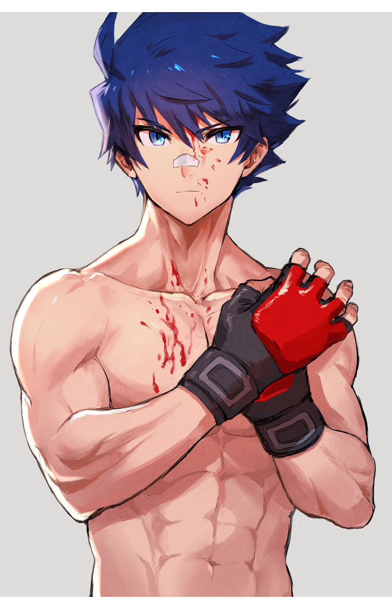 1boy abs bandaid bandaid_on_nose black_gloves blood blood_on_chest blood_on_face blue_eyes blue_hair closed_mouth eyebrows_visible_through_hair fingerless_gloves gloves highres idolmaster idolmaster_side-m looking_at_viewer male_focus muscular muscular_male navel pectorals ponzu_(beetle_burner) short_hair solo taiga_takeru upper_body