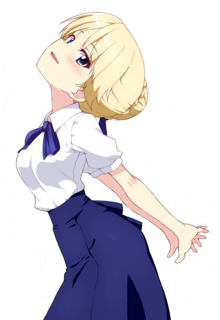 1girl arched_back arms_behind_back artoria_pendragon_(fate) bangs bare_arms blonde_hair blue_bow blue_eyes blue_neckwear blue_ribbon blue_skirt blush bow bowtie collared_shirt commentary cosplay darjeeling_(girls_und_panzer) eyebrows_visible_through_hair fate/stay_night fate_(series) from_side girls_und_panzer hair_bun hair_ribbon hands_together head_back high-waist_skirt kayabakoro looking_at_viewer looking_to_the_side open_mouth ribbon saber saber_(cosplay) shirt short_sleeves skirt smile solo standing stretch tied_hair white_background white_shirt