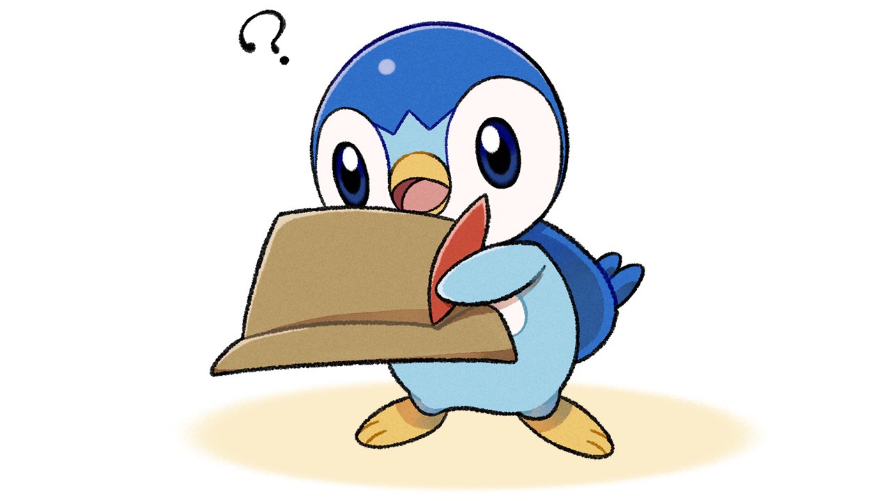 ? blue_eyes brown_headwear commentary_request gen_4_pokemon hat holding holding_clothes holding_hat no_humans official_art open_mouth piplup pokemon pokemon_(creature) prj_pochama solo standing toes tongue