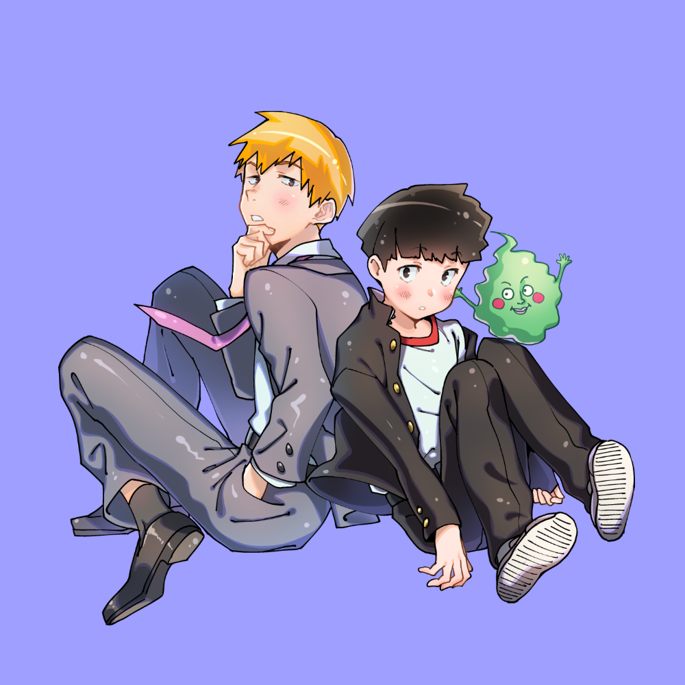 2boys black_footwear black_hair black_jacket black_legwear black_pants blonde_hair blue_background blush bomhat brown_eyes chin_stroking commentary ekubo_(mob_psycho_100) eyebrows_visible_through_hair formal full_body gakuran grey_jacket grey_pants hand_in_pocket jacket kageyama_shigeo long_sleeves looking_at_viewer male_focus mob_psycho_100 multiple_boys necktie open_clothes open_jacket pants parted_lips pink_neckwear reigen_arataka school_uniform shirt shirt_tucked_in shoe_soles short_hair simple_background socks suit very_short_hair white_footwear white_shirt