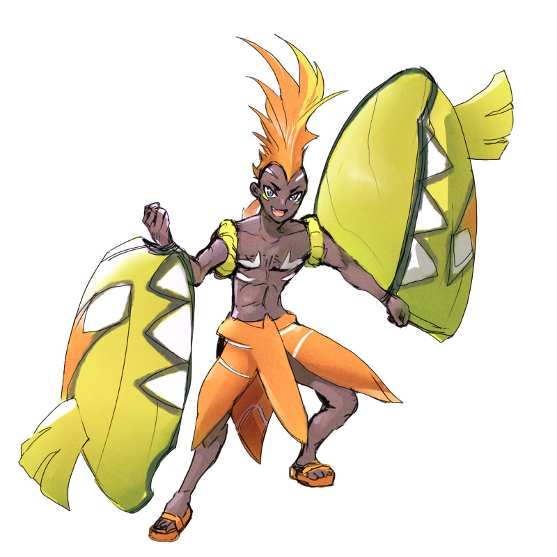 1boy :d bodypaint byte_(grunty-hag1) clenched_hands collarbone commentary_request dark-skinned_male dark_skin fang full_body gen_7_pokemon grey_eyes knees legendary_pokemon legs_apart looking_at_viewer male_focus mohawk open_mouth orange_footwear orange_hair personification pokemon sandals shirtless simple_background sketch smile solo standing tapu_koko tongue white_background