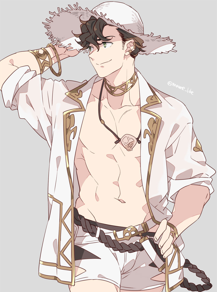 1boy bracelet brown_hair closed_mouth ear_piercing granblue_fantasy green_eyes hat jacket jewelry lobelia_(granblue_fantasy) male_focus mame_lde navel necklace open_clothes open_jacket pectorals piercing short_hair shorts simple_background smile solo straw_hat toned toned_male upper_body white_jacket white_shorts