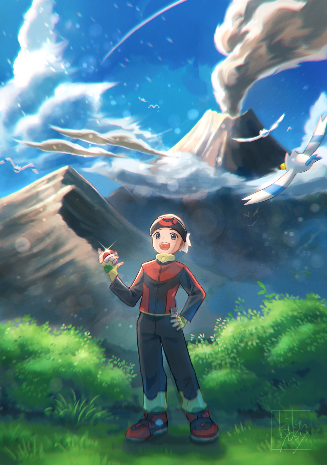 1boy ;d beanie bird black_pants brendan_(pokemon) bush clouds commentary_request day fingerless_gloves gen_3_pokemon glint gloves grass grey_eyes hat highres holding holding_poke_ball jacket kikuyoshi_(tracco) lens_flare long_sleeves male_focus one_eye_closed open_mouth outdoors pants poke_ball poke_ball_(basic) pokemon pokemon_(creature) pokemon_(game) pokemon_rse red_footwear shoes signature sky smile tongue upper_teeth volcano watermark white_headwear wingull yellow_gloves