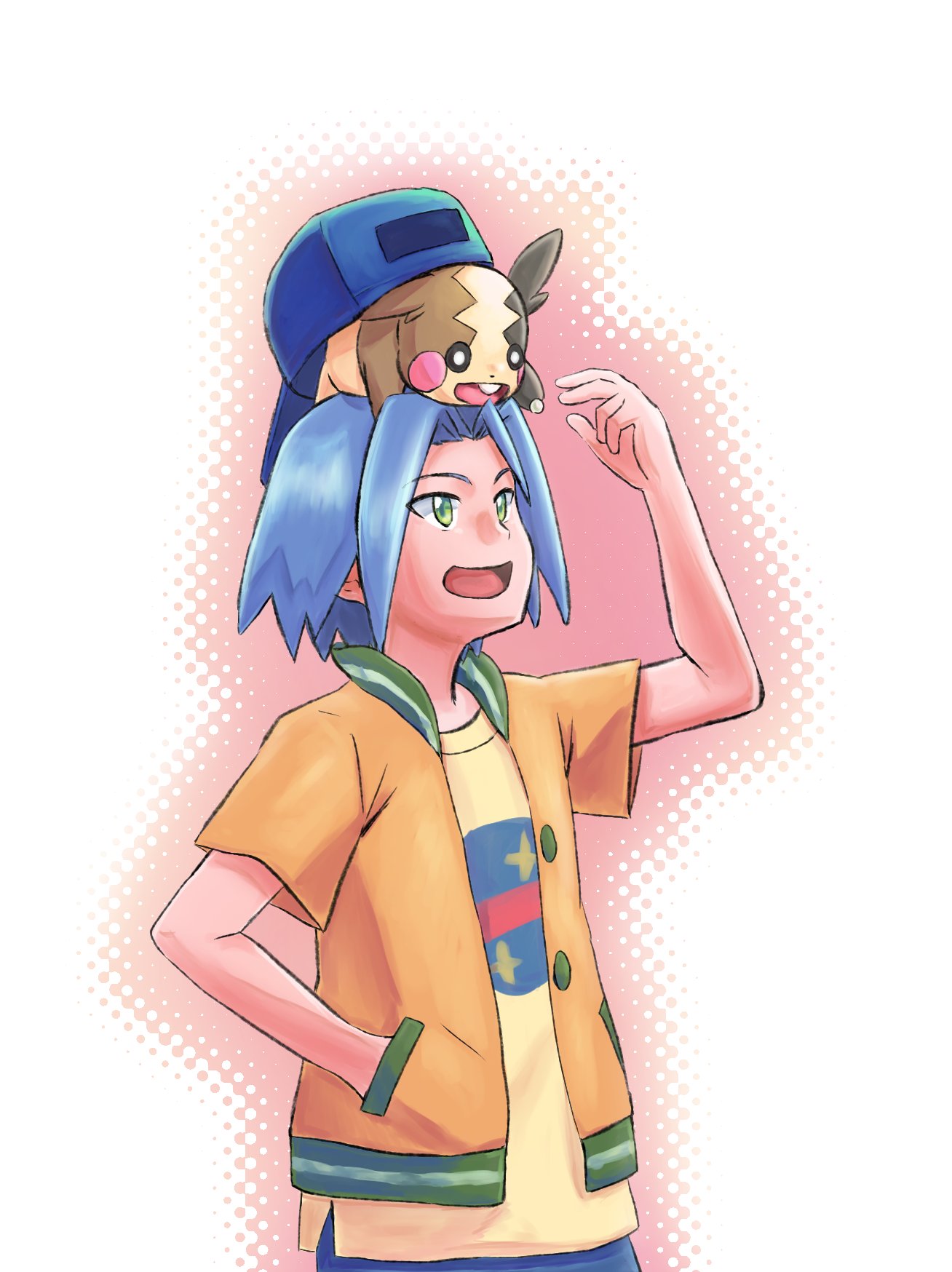 1boy 50kuike50namake backwards_hat gen_8_pokemon hat highres james_(pokemon) morpeko nasa_logo pokemon pokemon_(anime) pokemon_(creature) smile