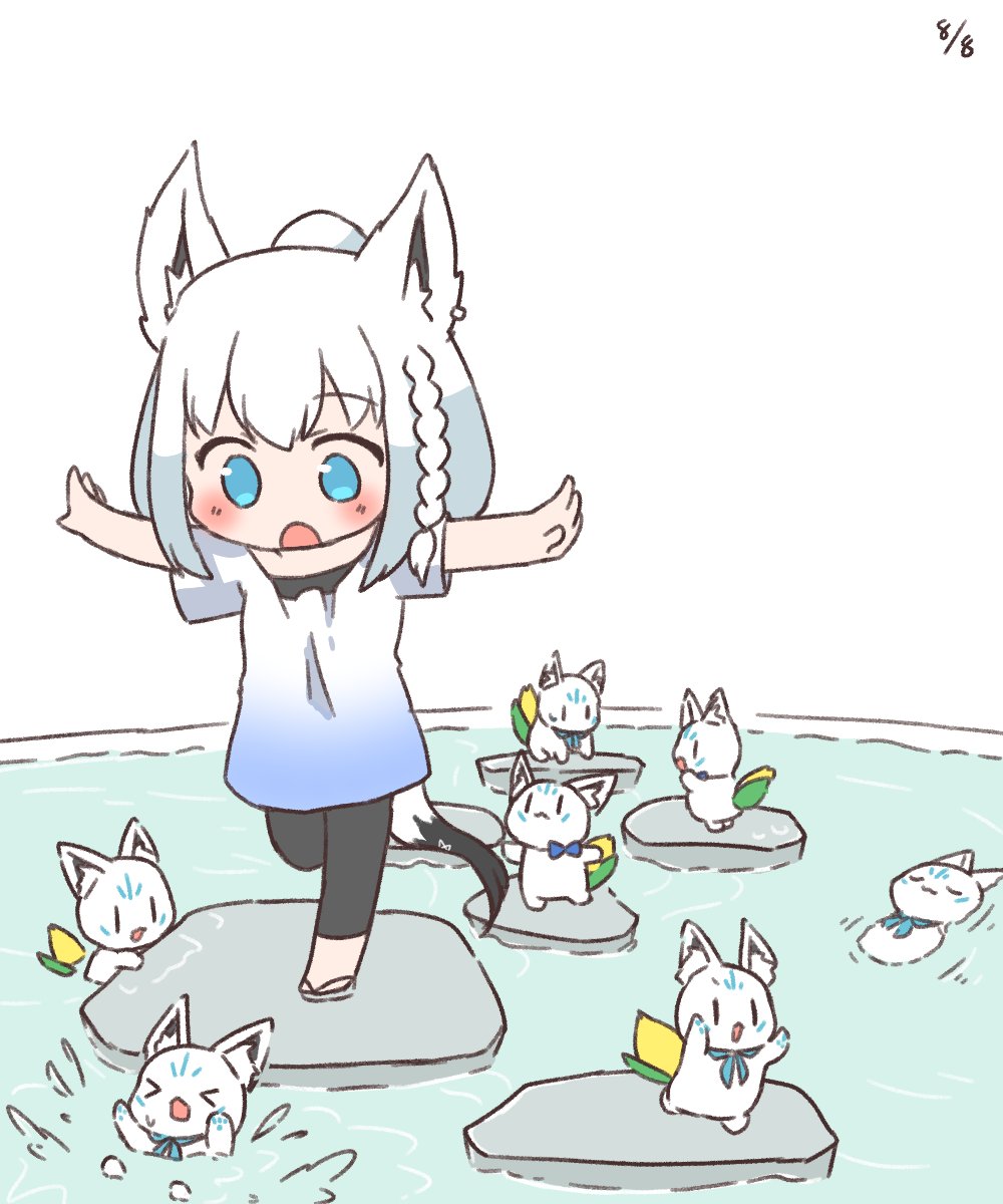 1girl :3 :o animal_ears black_pants blue_bow blue_neckwear bow bowtie braid chibi commentary_request corn fox fox_ears fox_girl fox_tail highres hololive leggings long_hair low_ponytail neckerchief pants sandals shirakami_fubuki shirt souffle_sable stone sukonbu_(shirakami_fubuki) t-pose t-shirt tail uwu very_long_hair virtual_youtuber water white_hair white_shirt |_|