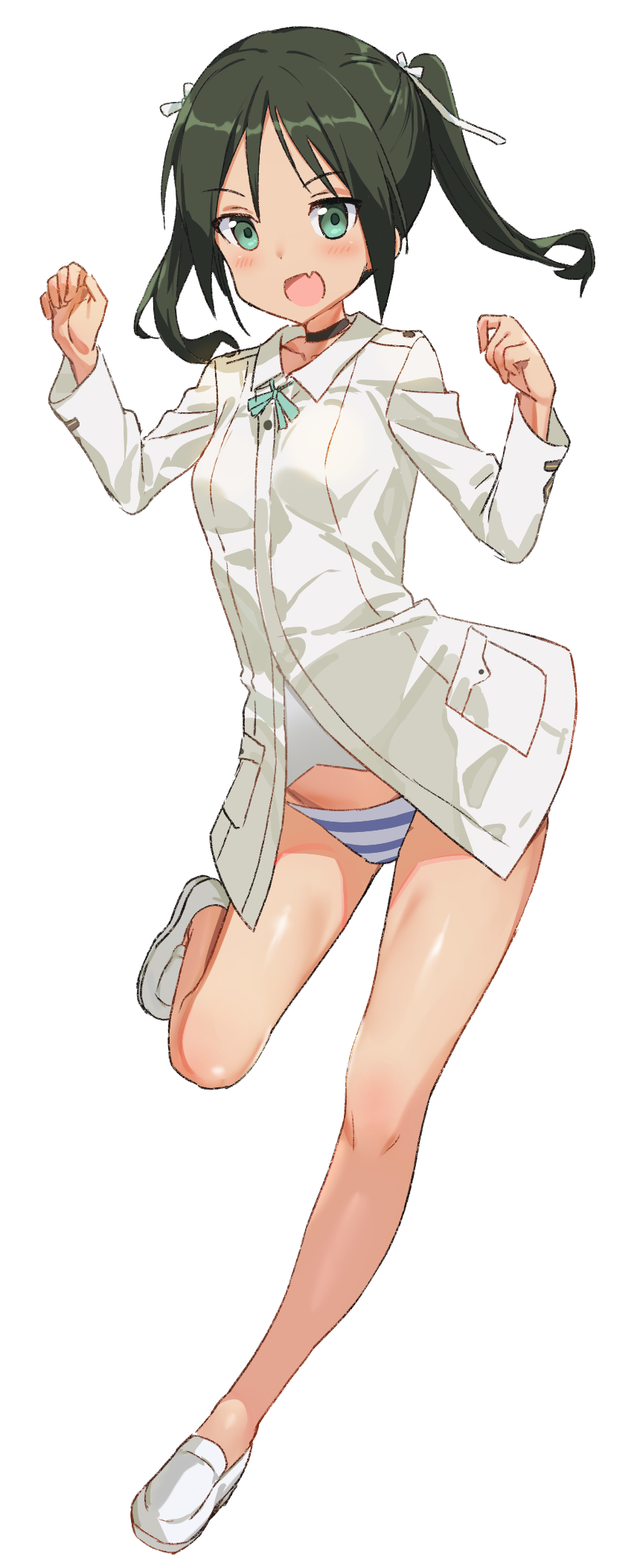 1girl black_hair clenched_hand dress_shirt fang francesca_lucchini full_body green_eyes highres long_hair looking_at_viewer mejina no_pants panties shirt simple_background solo strike_witches striped striped_panties twintails underwear white_background white_shirt world_witches_series