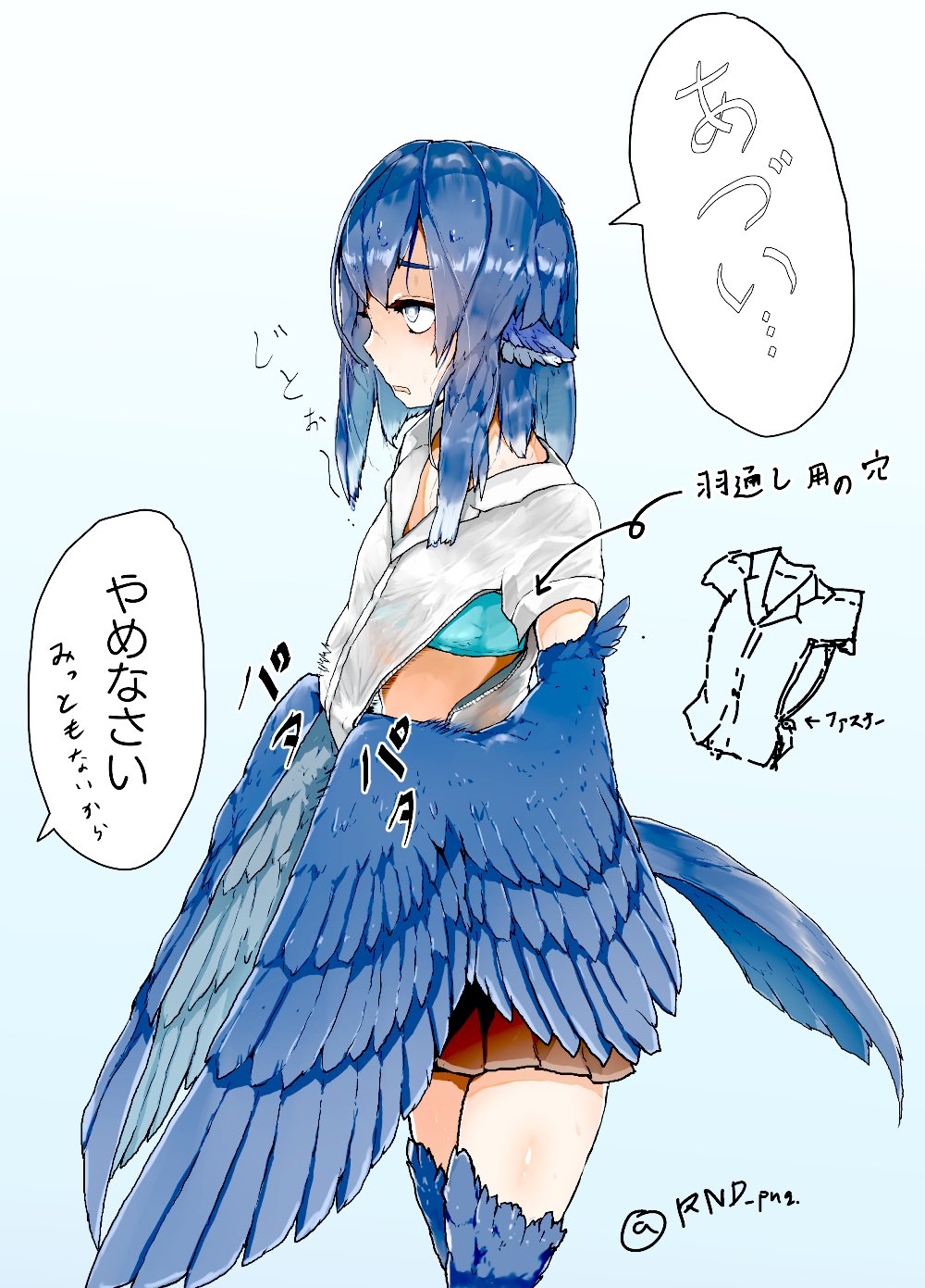 1girl animal_ears artist_name bird_ears bird_legs bird_tail blue_background blue_bra blue_eyes blue_feathers blue_hair blue_wings bra breasts brown_skirt clothes_pull commentary_request feathered_wings gradient gradient_background grey_eyes harpy highres long_hair medium_breasts miura_(rnd.jpg) monster_girl open_clothes open_mouth open_shirt original pleated_skirt rnd.jpg shirt shirt_pull side_slit sidelocks simple_background skirt solo tail tail_feathers translation_request twitter_username underwear wet white_background white_shirt winged_arms wings zipper
